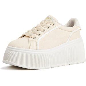 Lucky Step Women Beige Platform Low Top Classic Wedge Retro Canvas Sneakers